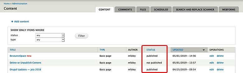 Screenshot of the content page highlighting the status