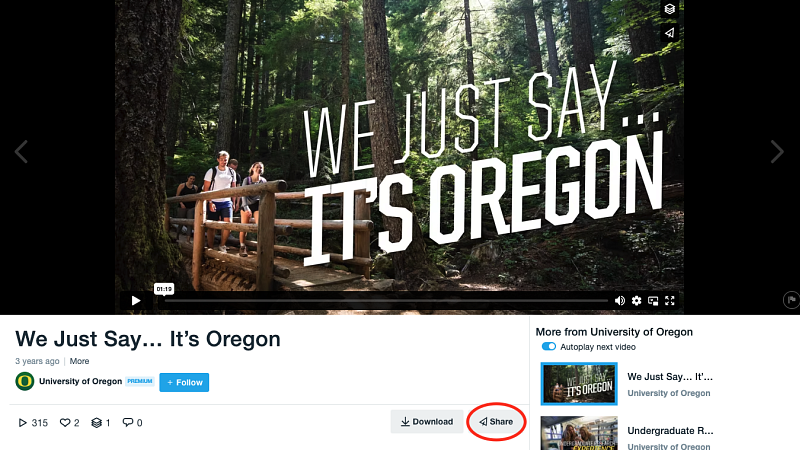 Screenshot of UO Vimeo video and share button