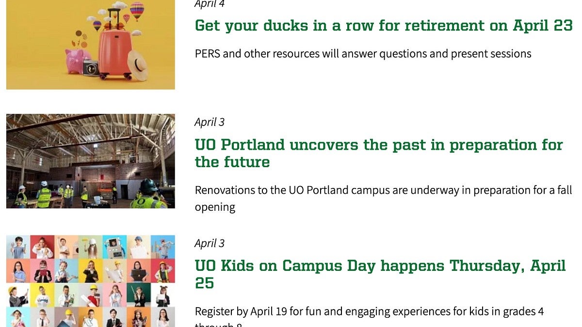 Around the O news feed screenshot showing 3 news story images, each with the story's title and teaser paragraph to the right