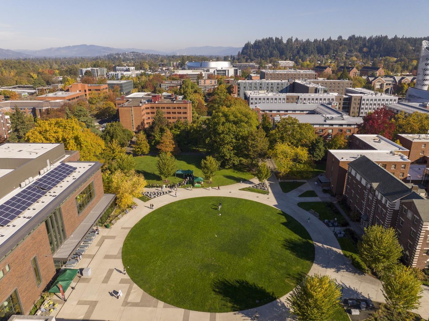 Aerial view of the EMU Lawn and campus to the east