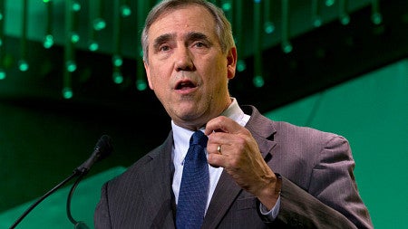 U.S. Senator Jeff Merkley speaks during the U.S. Conference of Mayors meeting in Washington. 