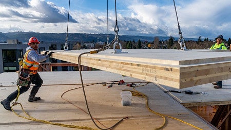Two construction workers help build a roof, guiding to the appropriate place a stack of wood that is suspended by a system of cables. Other buildings, trees, and blue sky fill the background. 