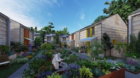 This illustration shows how mass plywood panels, a form of mass timber, could be used in an affordable housing complex. The UO and OSU recently received portions of a large federal grant to advance mass timber construction. 