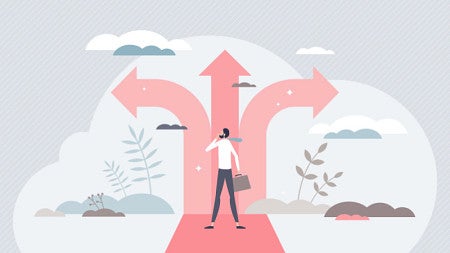 Cartoonish depiction of a person holding a brief case while considering different paths before them