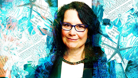 Stacy Alaimo smiles in the foreground; a collage representing perspectives of deep sea conservation fills the background