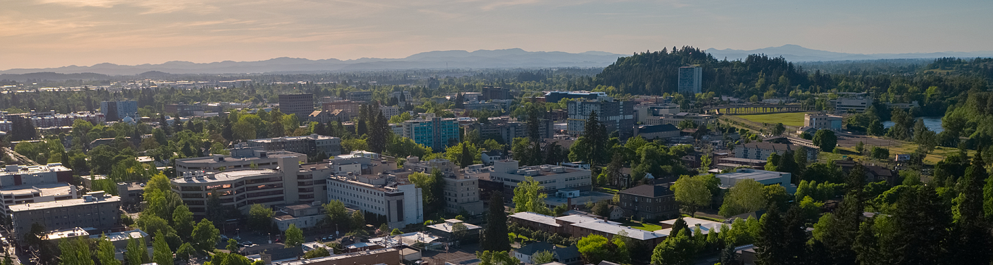 an aerial of U O campus in the spring