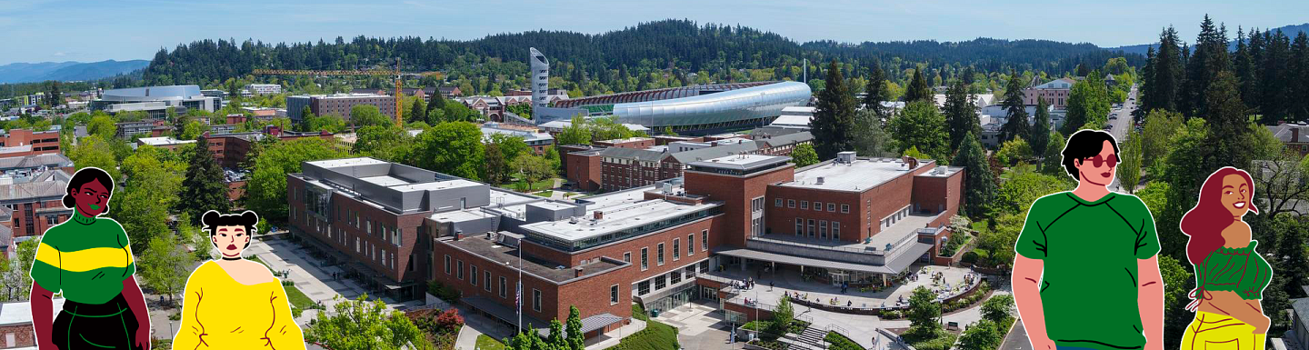 an aerial of U O campus with 4 illustrated people
