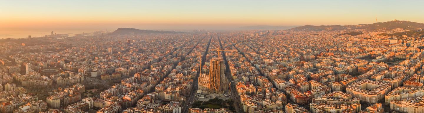 Aerial view of Barcelona with La Sagrada Familia church in the center. 