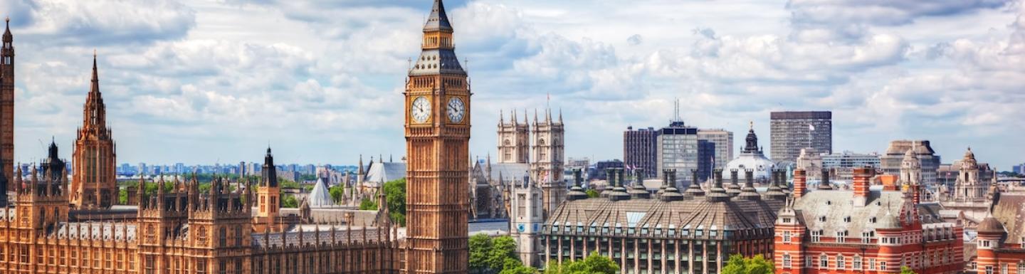 Big Ben, Westminster Bridge on River Thames in London, the UK. Sunny day