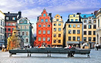 Colorful city homes in downtown Stockholm.