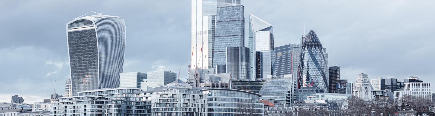 View of the London financial district skyline.