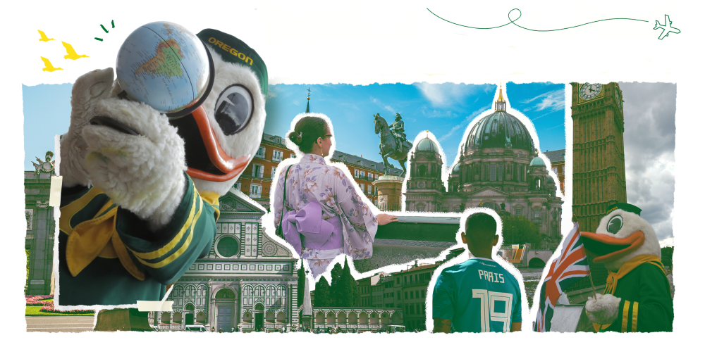 Collage of photos of different international destinations and students