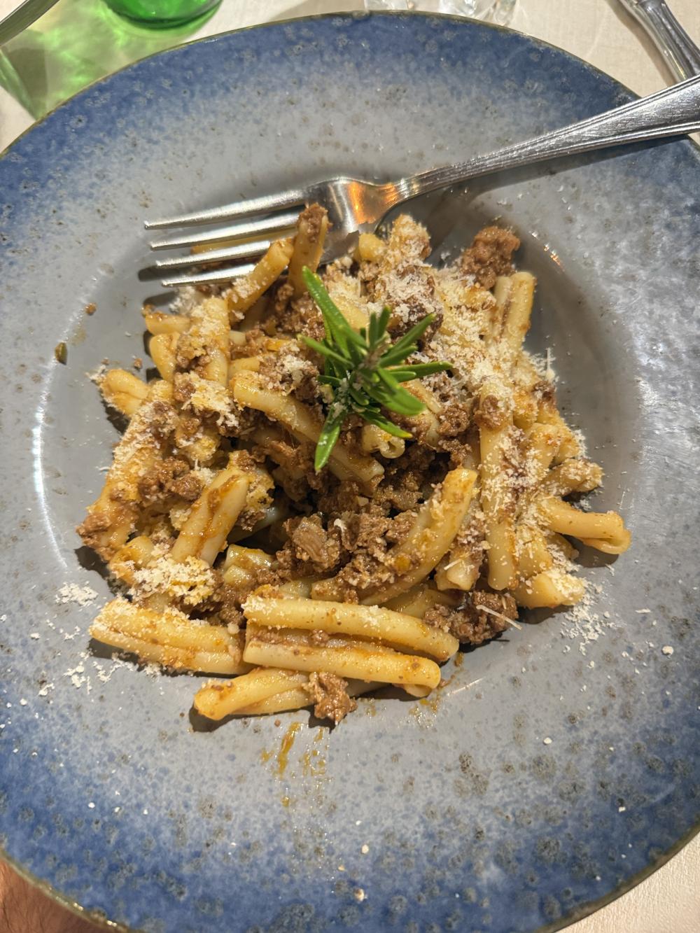 Pasta on a blue plate with a sprig of basil on top