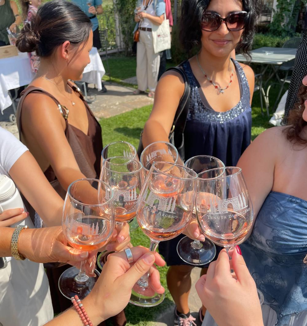 Group of woman holding wine glasses.