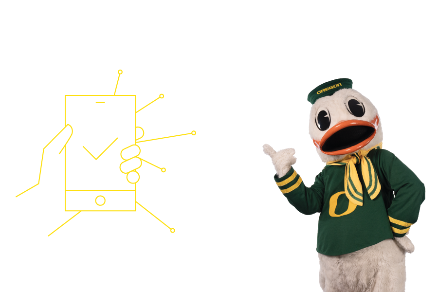 the Oregon Duck mascot pointing to health related icons popping out of a phone icon