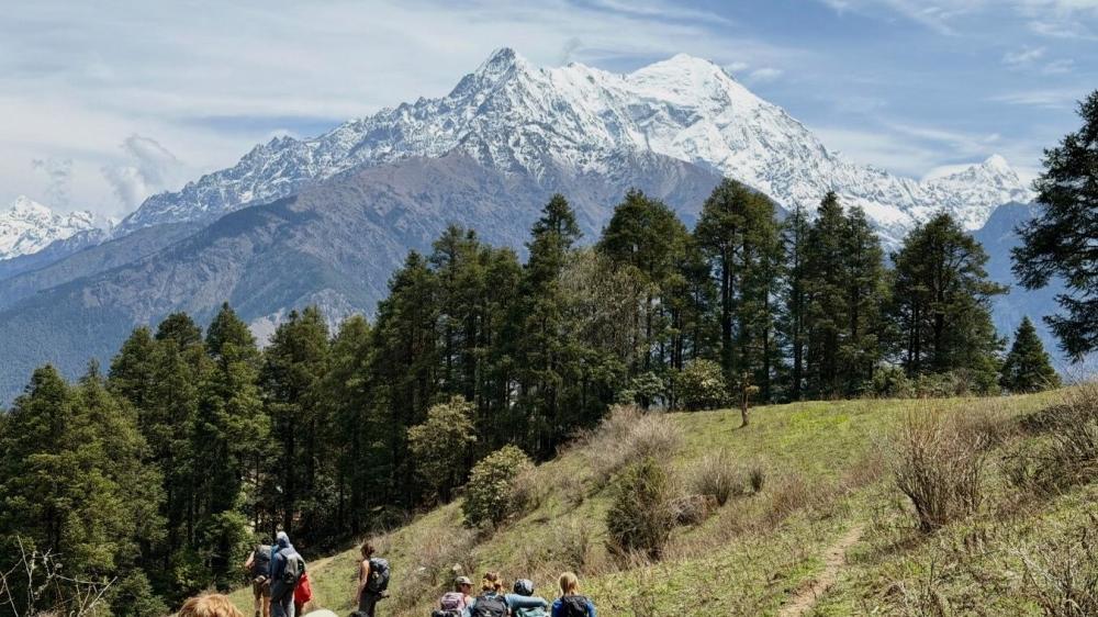 Landscape shot of GEO students hiking with green trees and snowy mountains in the distance