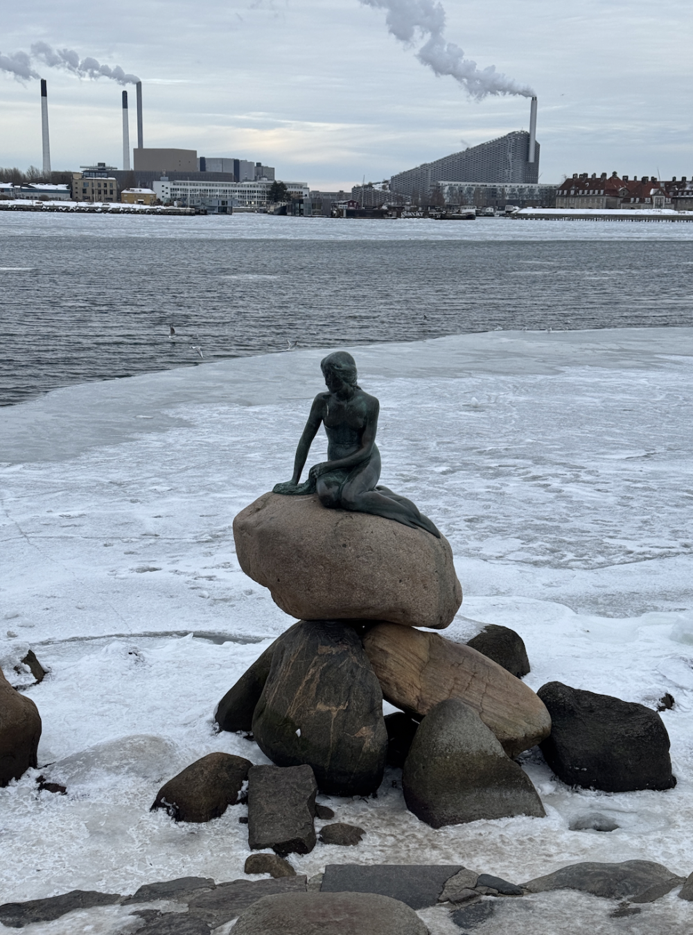 The Little Mermaid statue in Denmark in the snow