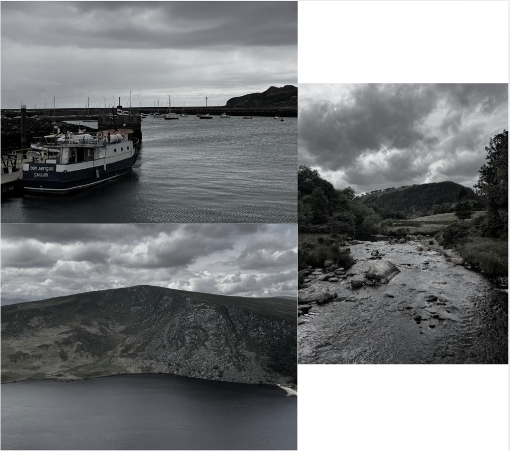 Three photos in gray and green of various Irish landscapes