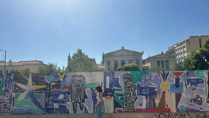 a wall of abstract art