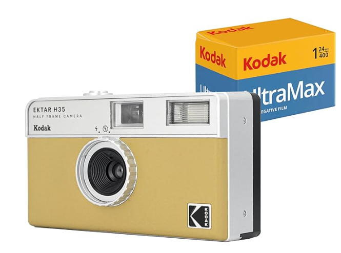 yellow film camera with a box of film behind it