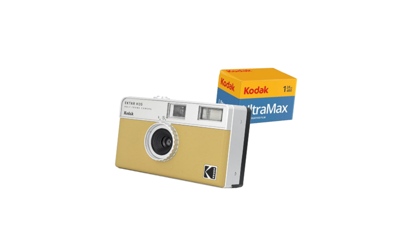 yellow film camera with a roll of film