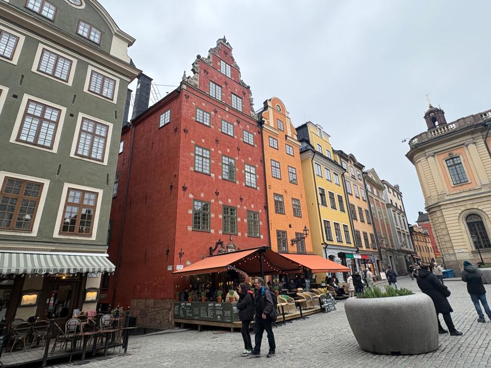 Street view of the colorful buildings in Stockholm, Sweden