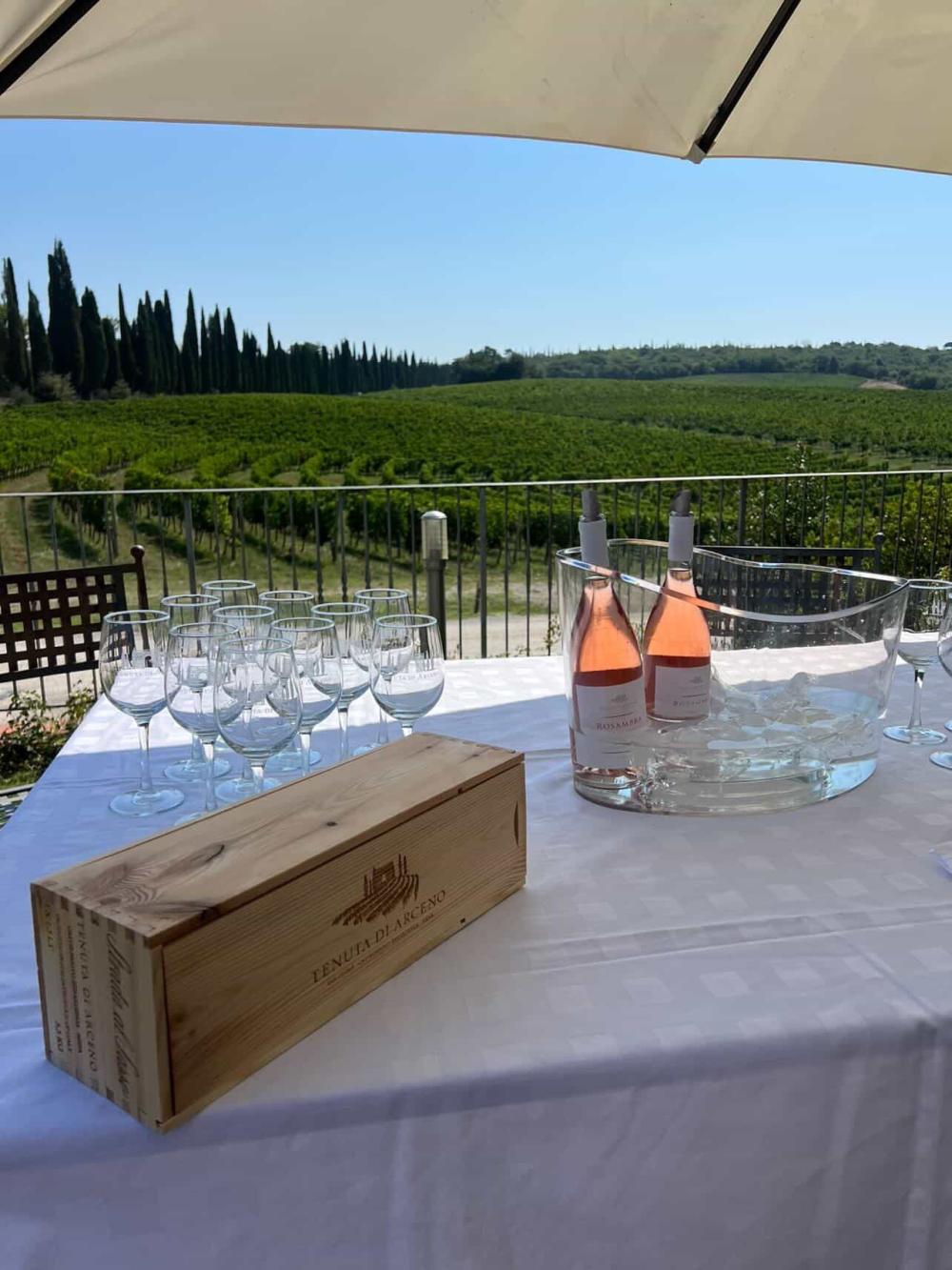 Two bottles of rose on a table in an Italian winery with fields in the skyline
