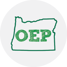 Oregon Experience Program Logo with the letters "OEP" inside the shape of Oregon