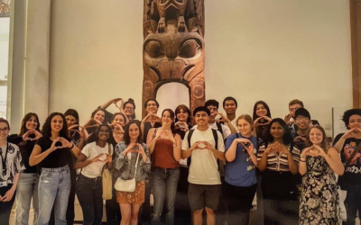 Cohort of GEO students throwing their "O" in the British Museum