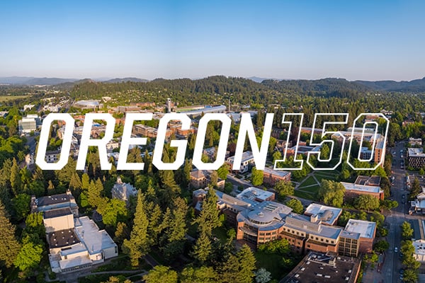 Aerial view of Campus with the Oregon150 logo