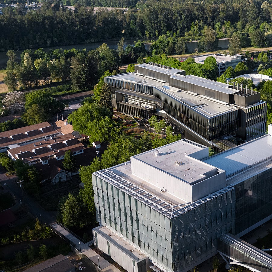 Aeriel view of Knight Campus Buildings 1 and rendering of Building 2