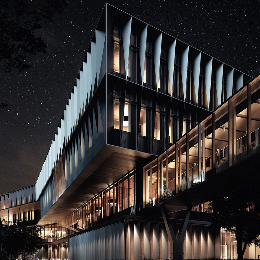 Rendering of Knight Campus Building 2 at night