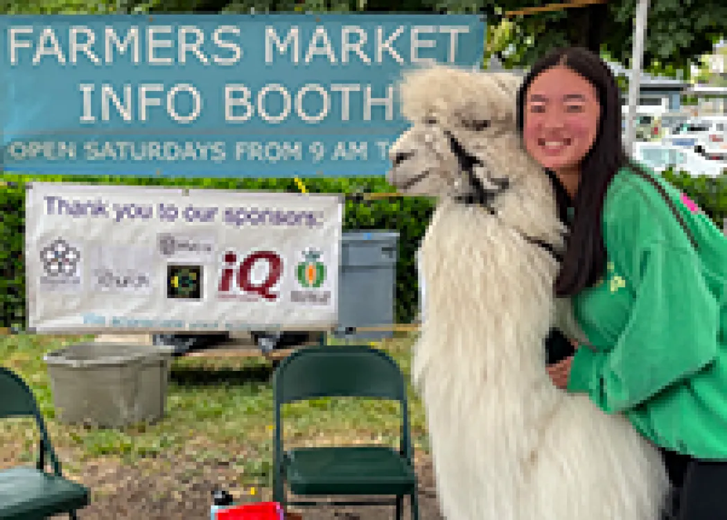 Hailey Yang poses with a llama at a farmers market info booth