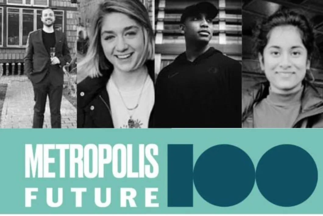 Katie Secor, Pavitra Jairaj, Malik Lovette, and Samuel Wylie headshots above Metropolis Future 100 logo