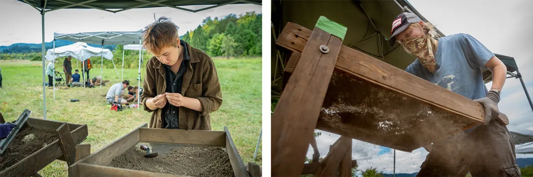 Collage of students Emerald and Addie working at wooden tables under a white tent. 
