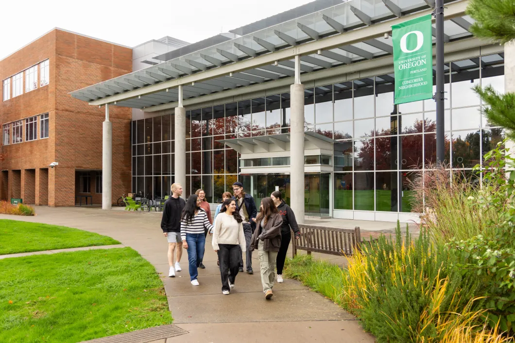 Students walking on the UO Portland Campus