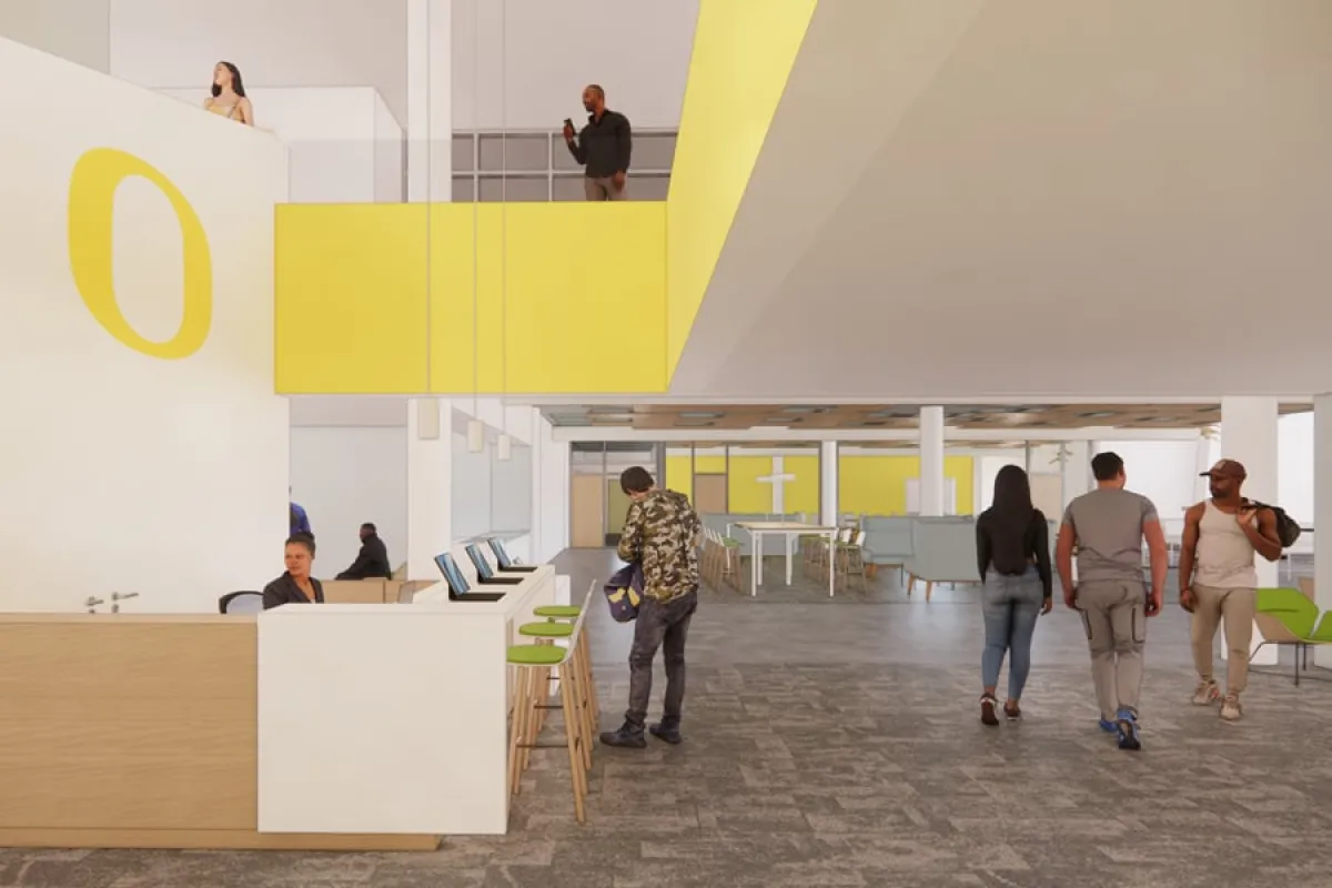 A 3D rendering of the interior of the UO Portland Campus Center