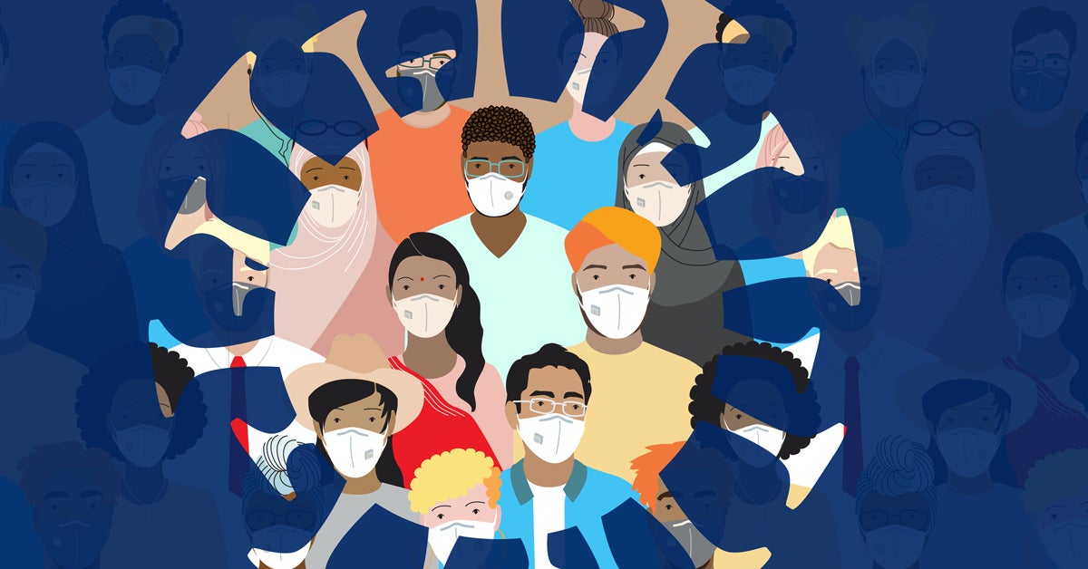 Decorative illustration of coronavirus with people's faces superimposed