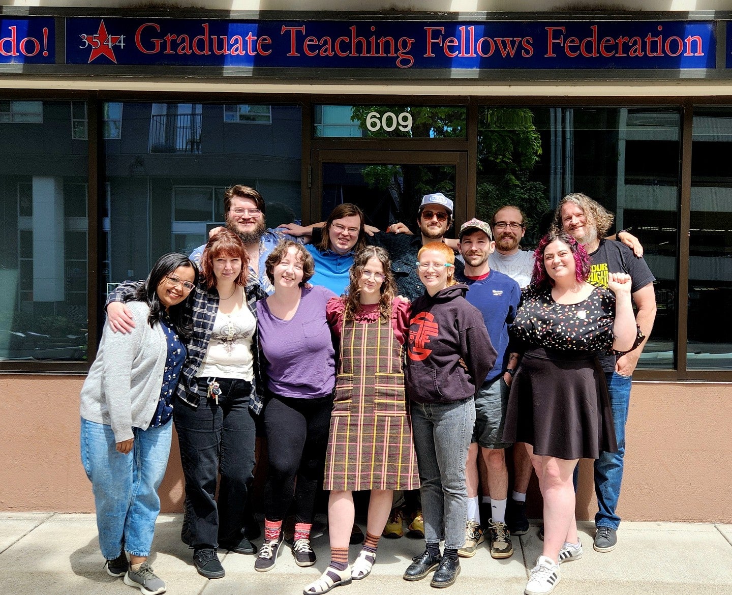 GTFF outgoing 2023-24 leaders and incoming 2024-25 leaders&nbsp;at our union office