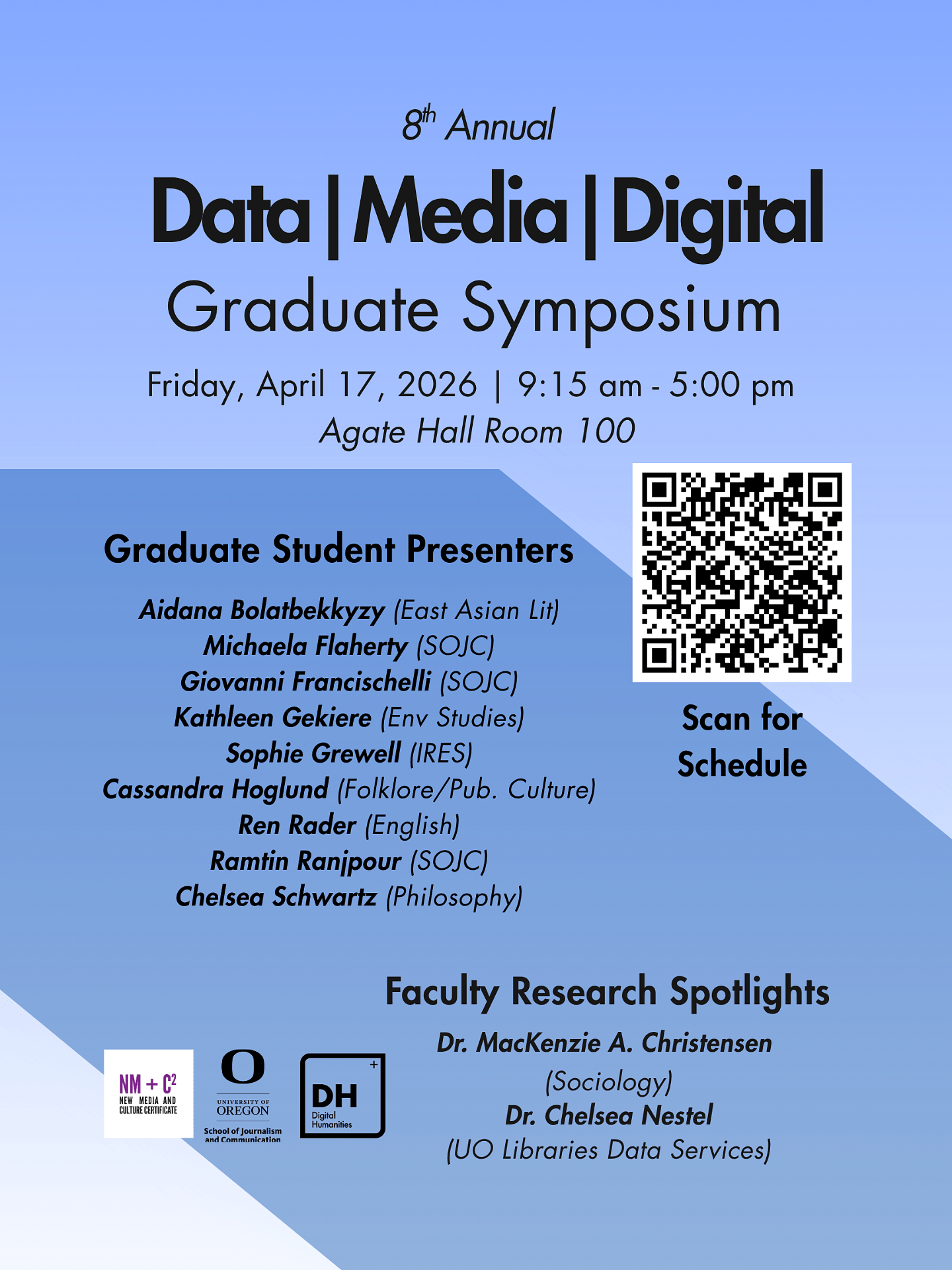 Blue poster with black font advertising graduate symposium conference