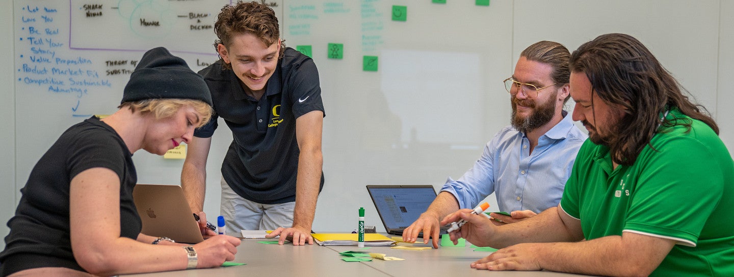 A group of MBA students work together at a table.