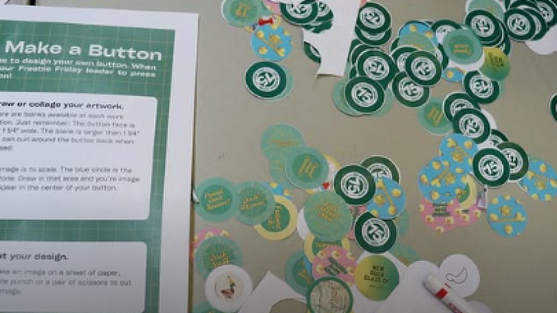 Button making table with button designs and instructions