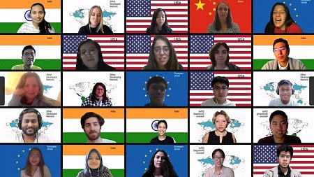 Group of students on a zoom box with country flags in the background