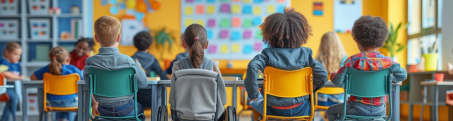 students at their desks in a classroom, see from behind
