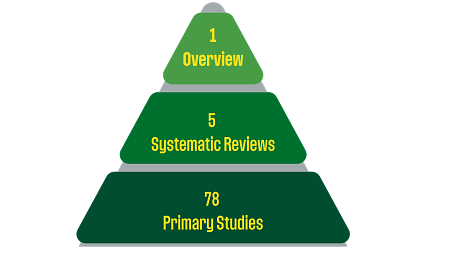 funnel showing that there were 78 primary study combined in 5 systematic reviews and finally into 1 overview