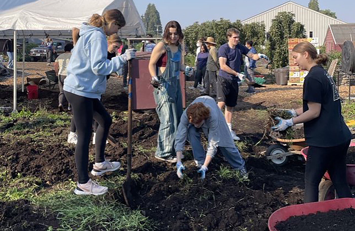 Students using shovels to soften soil for gardening.