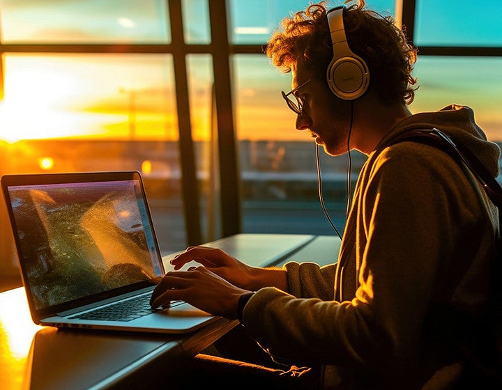 (Freelance person working at the airport while commuting to home. Beautiful sunset at the airport departure terminal.) School of Computer and Data Sciences