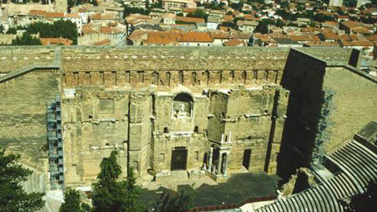 Horizontal, near bird’s-eye view of an archaeological site.