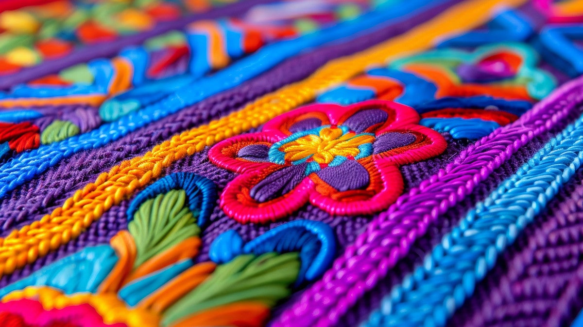 bright multicolored embroidery pattern of flowers and lines