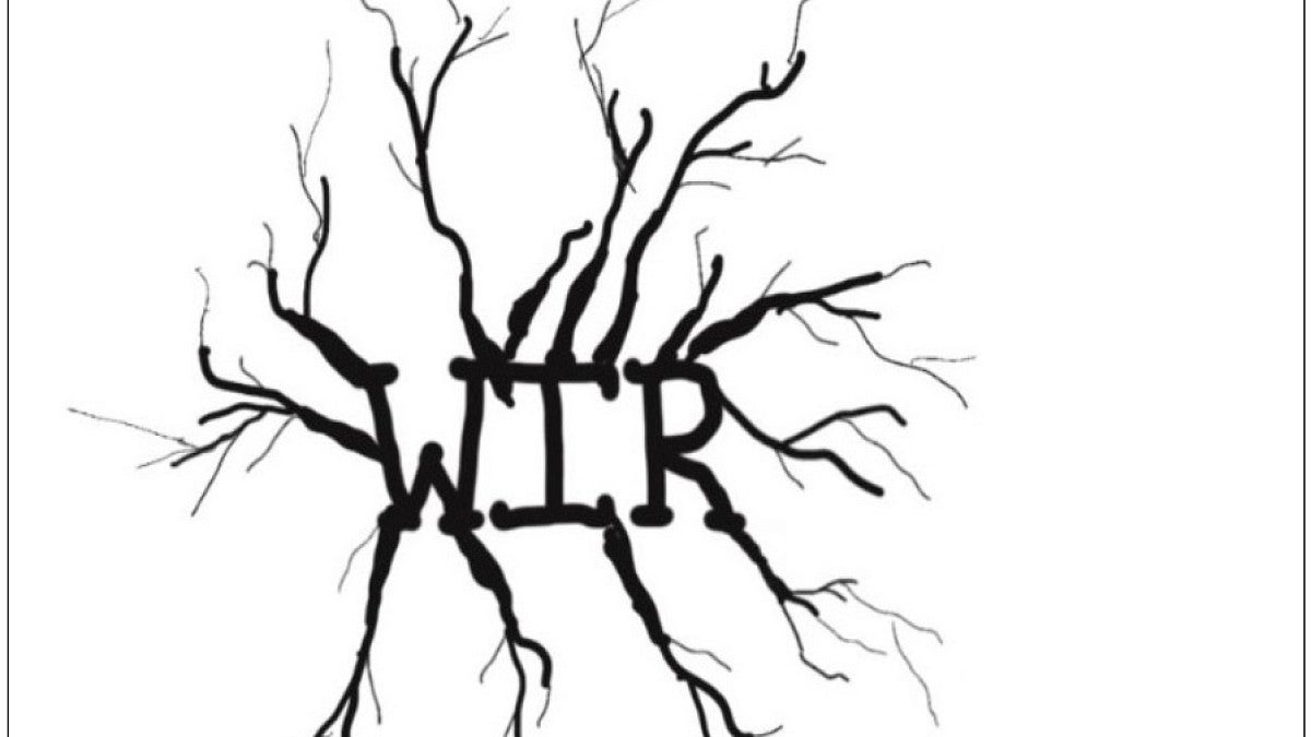 black and white drawing with letters WIR and branches going off in all directions